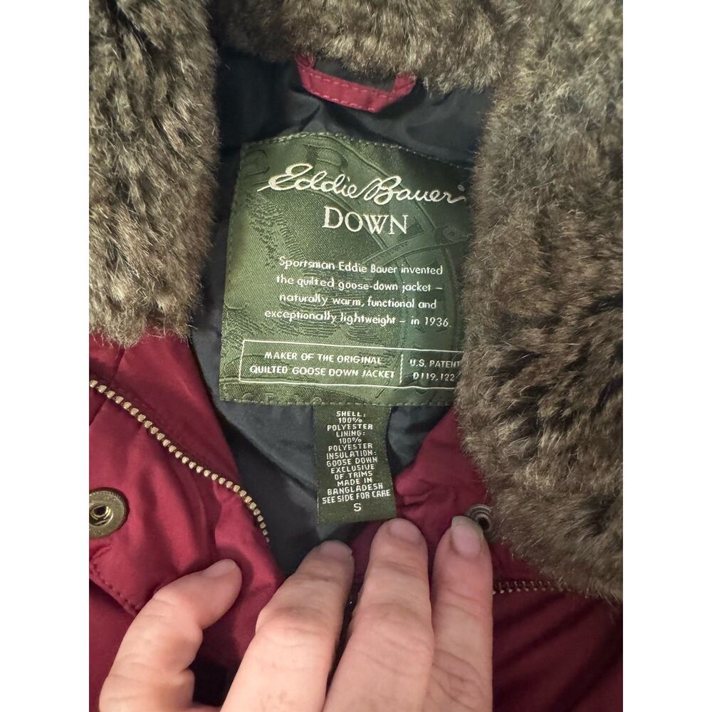 Eddie Bauer Vest Womens Small Maroon Goose Down Faux Fur Collar Zip Ski Lodge - Picture 8 of 14